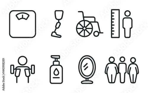 Healthcare and accessibility icons set – line style medical, disability, and wellness symbols for inclusive design: scale, prosthetic, wheelchair, height chart, hand sanitizer