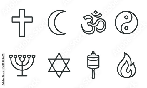 Religious symbols outline icons set – linear style spiritual and faith symbols for worship and belief: cross, crescent, om, yin yang, menorah, star of david, prayer wheel, flame.