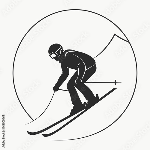 Skier Silhouette Downhill Skiing With Mountain Background In Circular Frame