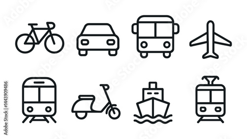 Transport and vehicle outline icons – linear style symbols for travel, urban mobility, and transit: bicycle, car, bus, airplane, tram, scooter, ship, train.