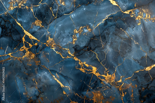 Luxurious blue marble with intricate golden veins creating elegant opulent surface design