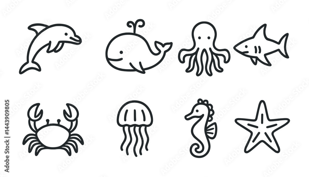 Fototapeta premium Marine life icon set – outline style ocean, sea creatures, and nautical symbols for wildlife projects: dolphin, whale, octopus, shark, crab, jellyfish, seahorse, starfish.