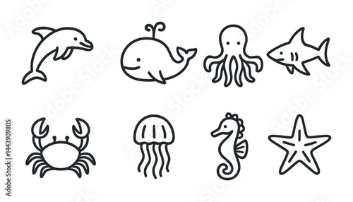 Marine life icon set – outline style ocean, sea creatures, and nautical symbols for wildlife projects: dolphin, whale, octopus, shark, crab, jellyfish, seahorse, starfish.