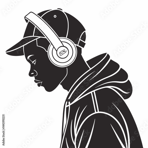 Vector Illustration Of African American Teen Boy Wearing Headphones And Cap Isolated