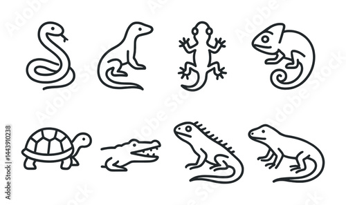 Reptile icons in line style – outline concept for zoo, herpetology, and wildlife projects: snake, lizard, gecko, chameleon, turtle, crocodile, iguana.