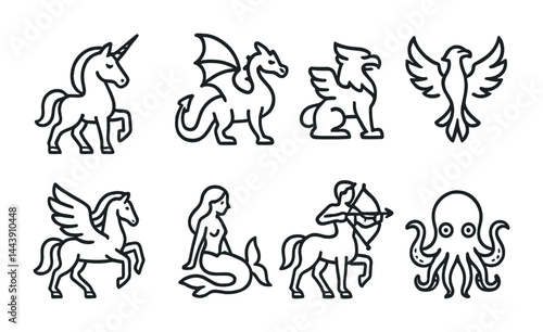 Mythical creature icons set – outline style fantasy, legend, and magic symbols for imaginative design: unicorn, dragon, griffin, phoenix, pegasus, mermaid, centaur, kraken.