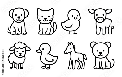 Cute animal outline icons set – line style pet, wildlife, and farm symbols for graphic design: dog, cat, chick, cow, lamb, duck, horse, bear.