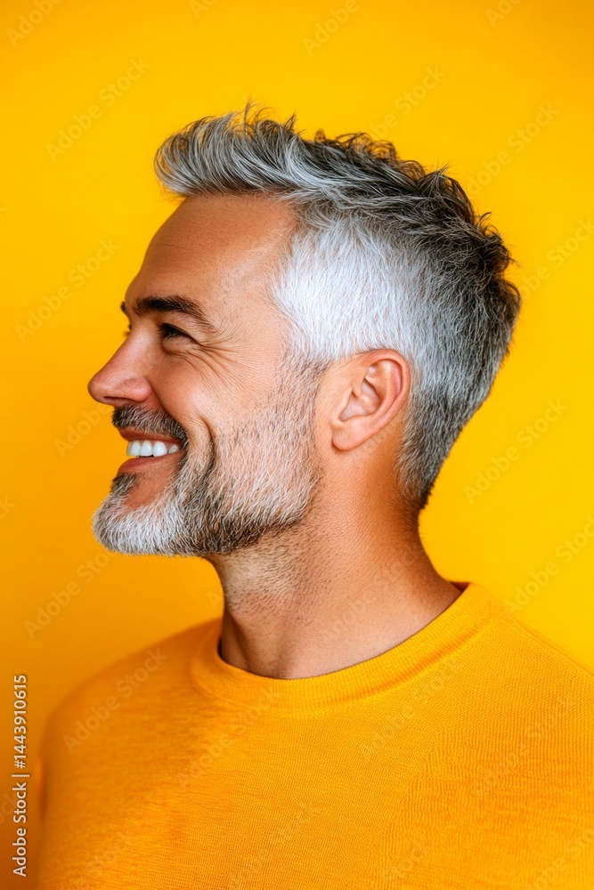 Obraz premium Concept art of style for aging men. Yellow solid background. A joyful male captured in a professional portrait. Trendy men's layered waves haircut - midlife white man with grey hair.