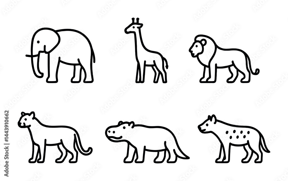 Wildlife safari icon set – outline style animal illustrations for conservation, nature, and education: elephant, giraffe, lion, cheetah, hippo, hyena Wildlife safari icon set – outline style animal illustrations for conservation, nature, and education: elephant, giraffe, lion, cheetah, hippo, hyena