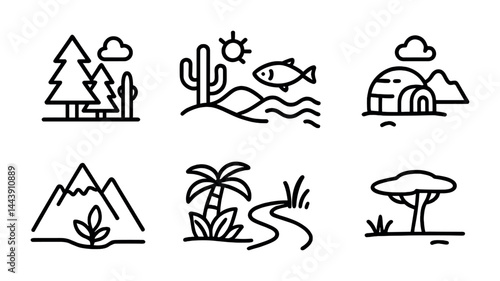 Nature and adventure line icons set – outline style outdoor exploration, wildlife, and camping symbols: forest, desert, igloo, mountains, palm tree, river, savanna.