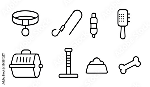 Pet accessories outline icon set – linear style for animal care, grooming, and play: collar, leash, toy, brush, carrier, scratching post, bowl, bone
