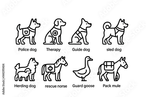 Service animals outline icon set – line style pet assistance, support, and therapy symbols: police dog, therapy dog, guide dog, sled dog, herding dog, rescue horse, guard goose, pack mule