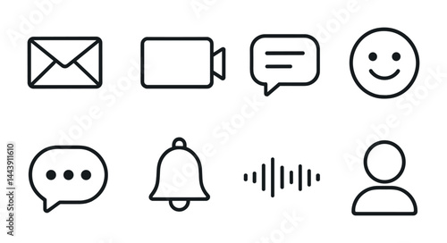 Communication and social media outline icons - linear style messaging, networking, and digital interaction symbols: email, video, chat bubble, emoji, notification, sound wave, user.