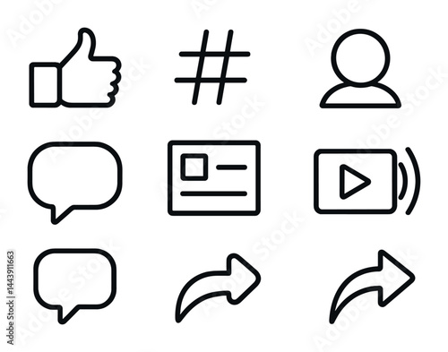 Social media communication icons set – outline style for networking and digital interaction: thumbs up, hashtag, user, speech bubble, id card, play button, forward, share.