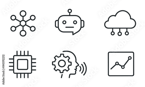 Artificial intelligence outline icons set – linear tech, innovation, and machine learning symbols for modern design: neural network, chatbot, cloud, microchip, automation, analytics.