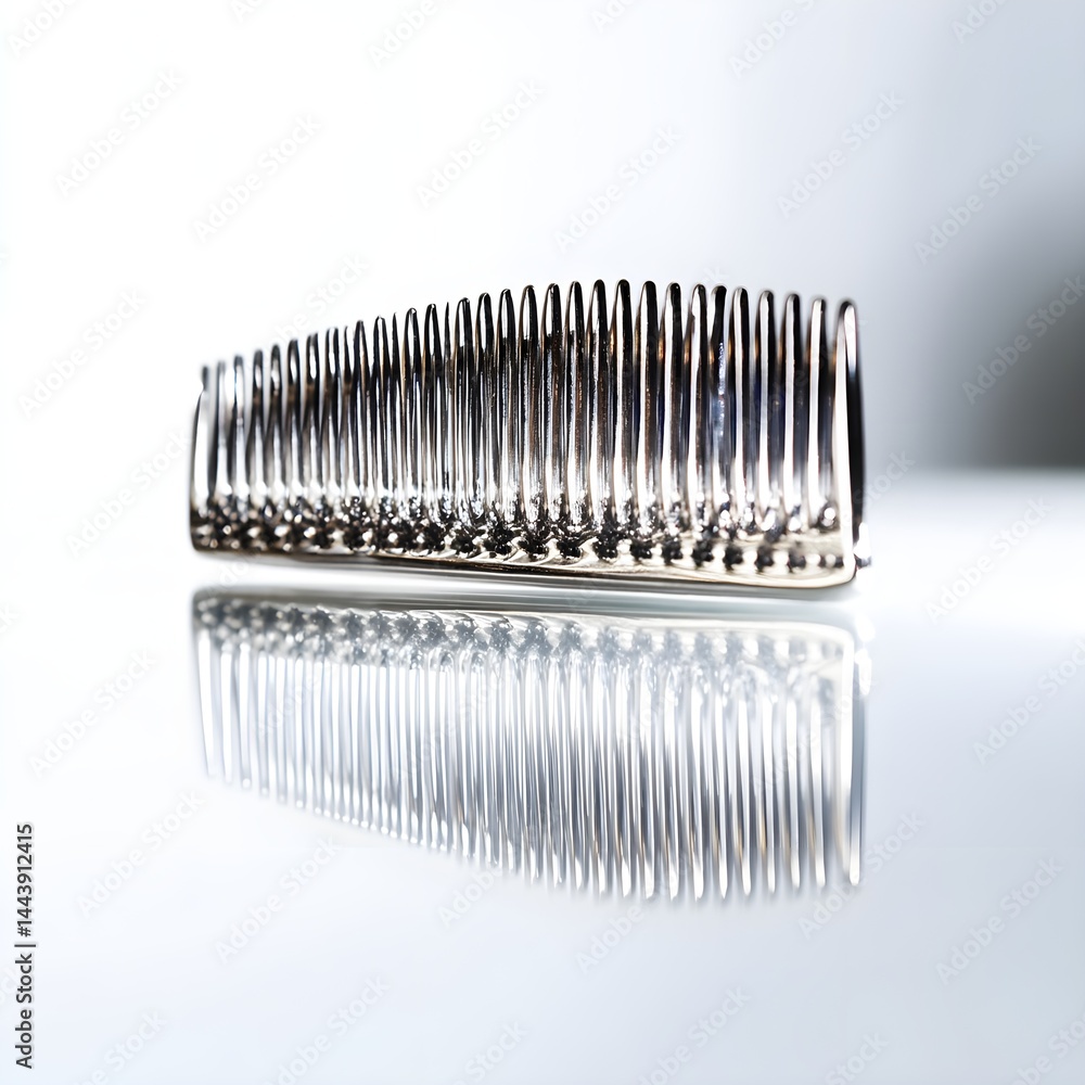Elegant hair comb reflecting sleek modern design on pristine white mirrored background ideal for styling Elegant hair comb reflecting sleek modern design on pristine white mirrored background ideal for styling