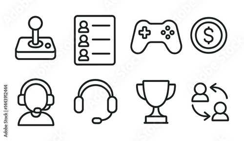 Gaming and esports linear icons set – outline style gaming, competition, and player symbols for digital entertainment: joystick, leaderboard, game controller, currency, headphones, trophy.