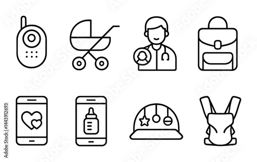 Baby and parenting outline icons set – linear style childcare, newborn essentials, and family symbols: baby monitor, stroller, pediatrician, diaper bag, baby carrier, feeding bottle, mobile app, toys