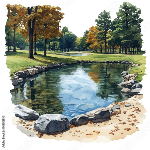 Hot Summer Day By A Sparkling River, vector watercolor illustration, isolated on a white background.