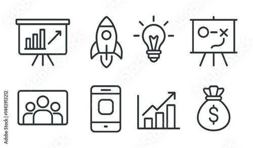 Business and startup linear icons set – outline style for entrepreneurship, innovation, and management: chart, rocket, light bulb, strategy board, team, smartphone, growth, money bag.