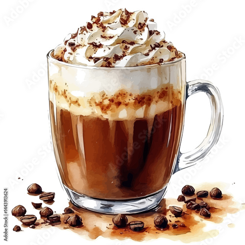 watercolor of Hot Chocolate Topped With Whipped Cream, vector, isolated on a white background.