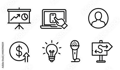 Business and technology outline icon set – linear style digital marketing, financial growth, and communication symbols for startups: presentation, laptop, profile, dollar, idea, microphone.