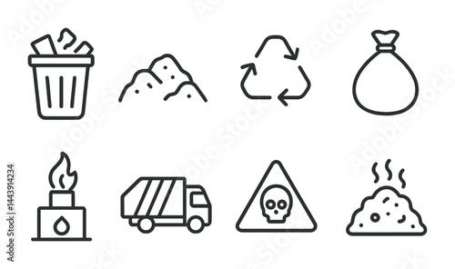 Waste management linear icons set – outline style for environment, recycling, and sustainability: trash bin, waste pile, recycling symbol, garbage bag, incinerator, truck, hazard sign, compost