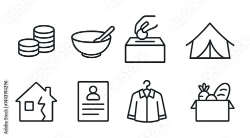Community support outline icons set – line style charity, donation, and aid symbols for social projects: coins, bowl, donation box, tent, house, id card, clothing, food box.