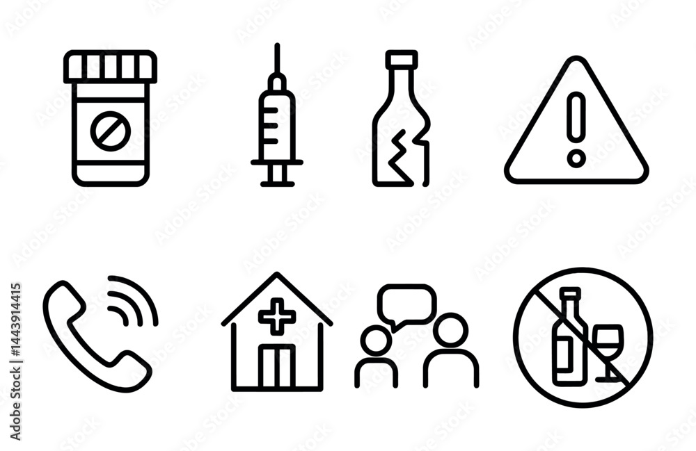 Addiction awareness outline icon set – linear style health, support, and prevention symbols: pill bottle, syringe, broken bottle, warning sign, helpline, clinic, support group, no alcohol. Addiction awareness outline icon set – linear style health, support, and prevention symbols: pill bottle, syringe, broken bottle, warning sign, helpline, clinic, support group, no alcohol.