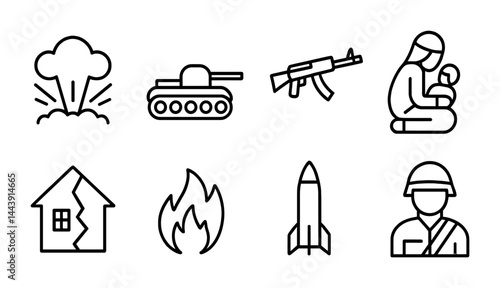 War and conflict outline icon set - linear military, peace, and battle symbols for awareness: explosion, tank, rifle, soldier, displaced family, rocket, burning house