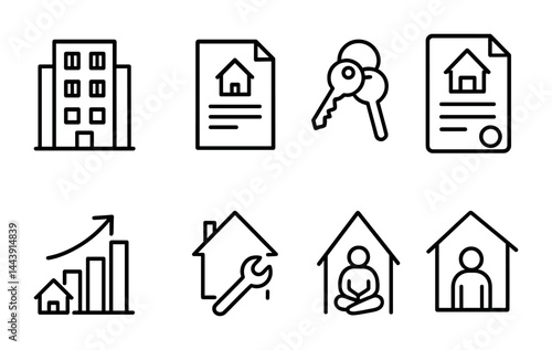 Real estate and housing outline icon set – linear style property management, homeownership, and investment symbols: building, contract, keys, paperwork, growth chart, construction, person in house.