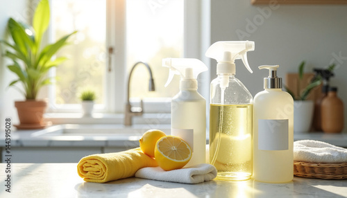 Eco-friendly cleaning products with citrus and towels in a kitchen  