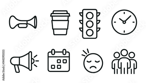 Daily activity outline icon set – linear style for productivity and time management: coffee cup, traffic light, clock, megaphone, calendar, frown face, group