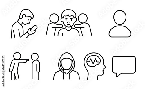 Bullying and social interaction icons – outline style emotional health, peer pressure, and communication symbols: upset student, bystanders, anonymous profile, bullying, mental health, dialogue.