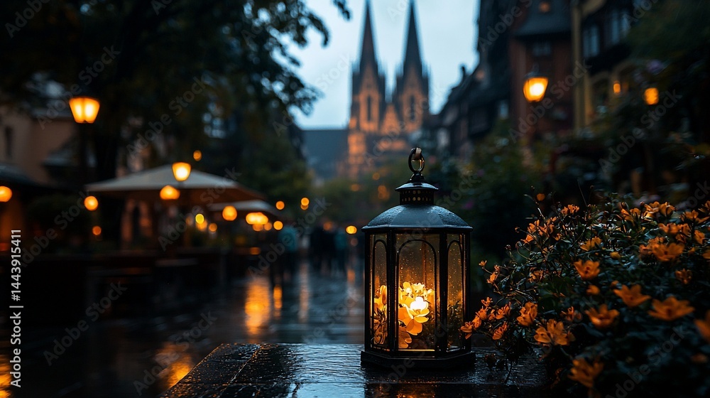 Rainy evening street scene with warm lantern light Rainy evening street scene with warm lantern light