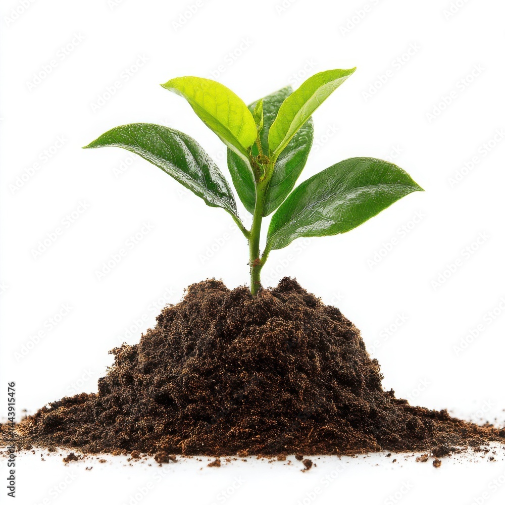 A small green plant growing from a pile of dark brown soil on a bright white background. young plant growing from soil A small green plant growing from a pile of dark brown soil on a bright white background. young plant growing from soil