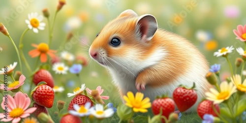 Fototapeta Naklejka Na Ścianę i Meble -  Cute hamster in summer meadow with wildflowers and strawberries, watercolor painting, summer, idyllic