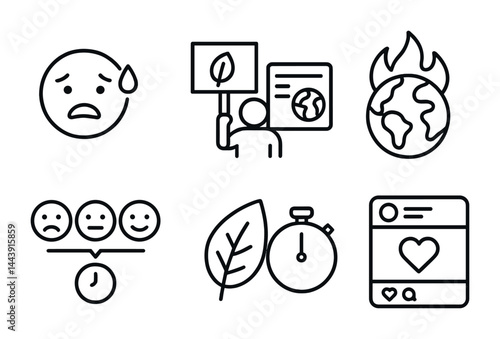 Environmental awareness icons set – outline style ecological, sustainability, and climate symbols for conservation: earth, protest, leaf, timer, emotion, social media