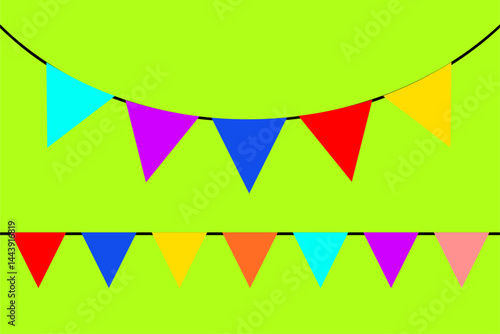 Colorful triangular flags decorating a vibrant green background for a festive celebration