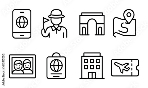 Travel and tourism outline icon set – linear style vacation, sightseeing, and holiday symbols for adventure planning: smartphone, tour guide, landmark, map, photo, passport, hotel, ticket.