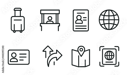 Travel and visa outline icons set – linear-style for international journey and documentation: suitcase, information booth, id card, globe, passport, arrows, map, locator