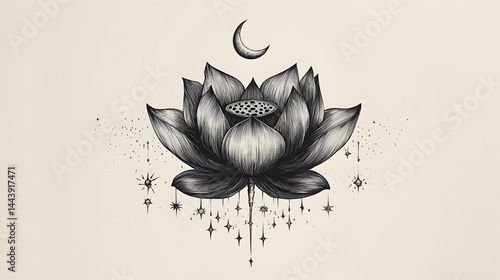 Elegant lotus flower illustration, black and gray on a cream background, crescent moon, stars, celestial elements, art nouveau style