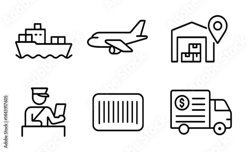 Global logistics and shipping icons - outline style for supply chain, freight, and delivery services: cargo ship, airplane, warehouse, customs officer, barcode, delivery truck