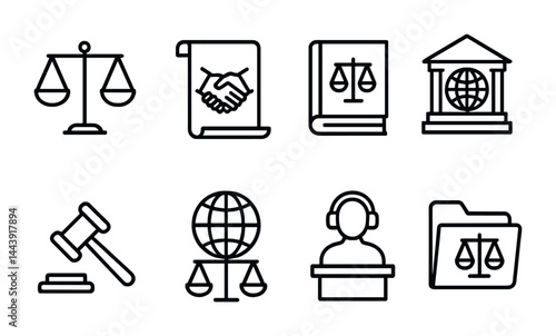 Legal and justice outline icon set – linear style court, law, and attorney symbols for legal services: scales of justice, contract, law book, courthouse, gavel, lawyer, legal folder.