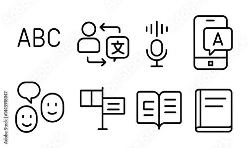 Language learning outline icon set – linear style communication, translation, and education symbols: alphabet, translation, microphone, smartphone, chat, book, speech bubble.