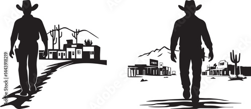 Silhouette Cowboy Walking in Desert Town Western Adventure Vector Icon Set