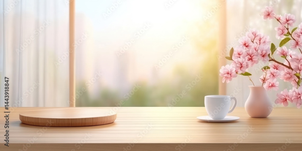 Wooden Tabletop Scene With Coffee Cup And Spring Flowers Wooden Tabletop Scene With Coffee Cup And Spring Flowers