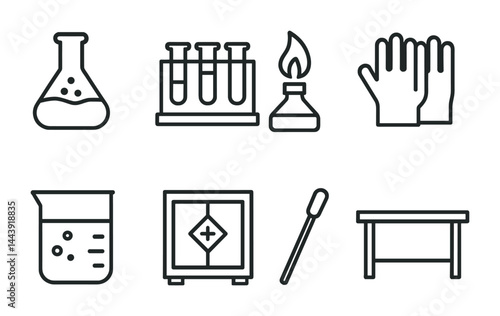 Chemistry lab outline icons – linear style scientific equipment for classroom, experiment, and education: beaker, test tubes, bunsen burner, gloves, pipette, lab table.