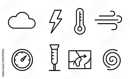 Weather forecast outline icon set – linear climate, meteorology, and atmospheric symbols for weather apps: cloud, lightning, thermometer, wind, gauge, rain gauge, map, cyclone.