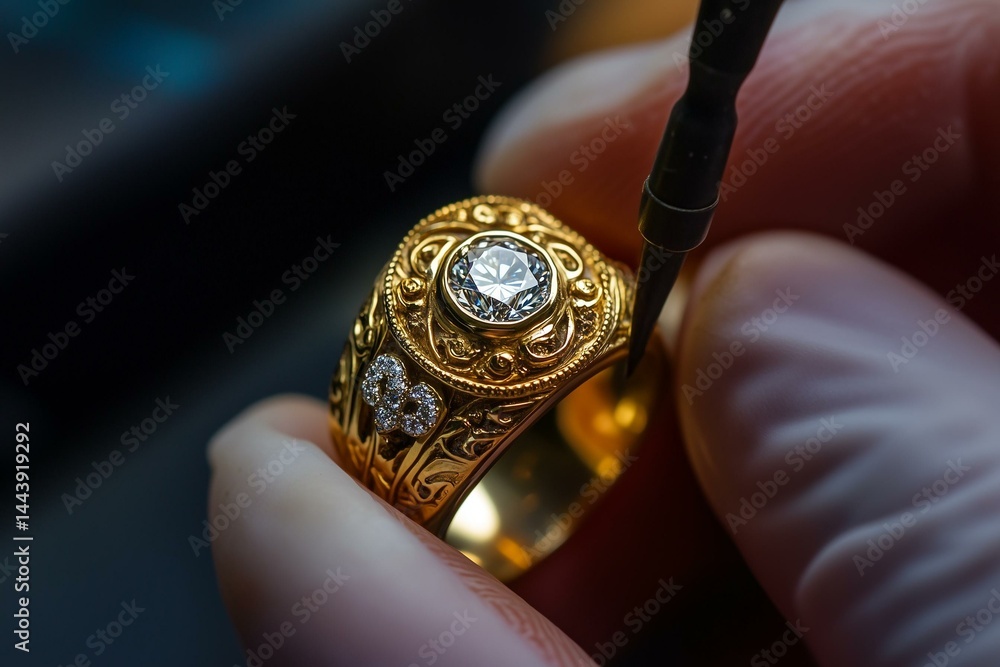 Jeweler puts diamond to golden wedding luxury ring.